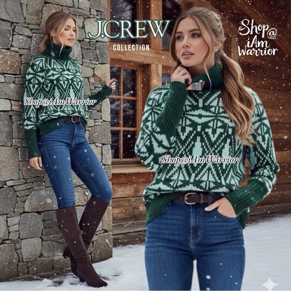 J.Crew Collection pine/aqua multiply 100% cashmere fairisle turtleneck sweater - Picture 1 of 15